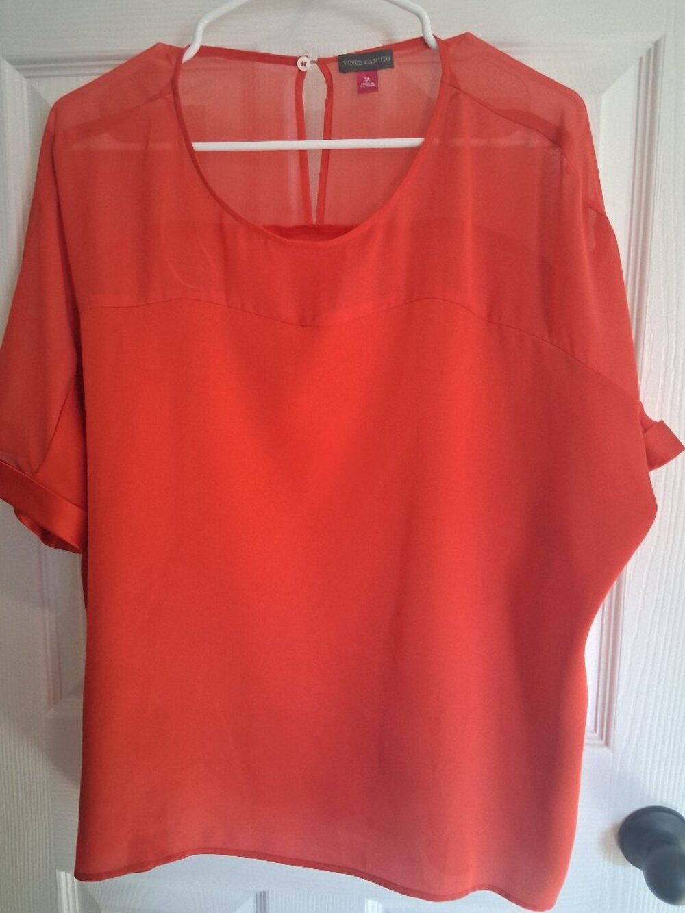 Vince Camuto | Women's Top | Red/Coral Sheer Yoke & Satin Body | Size XL